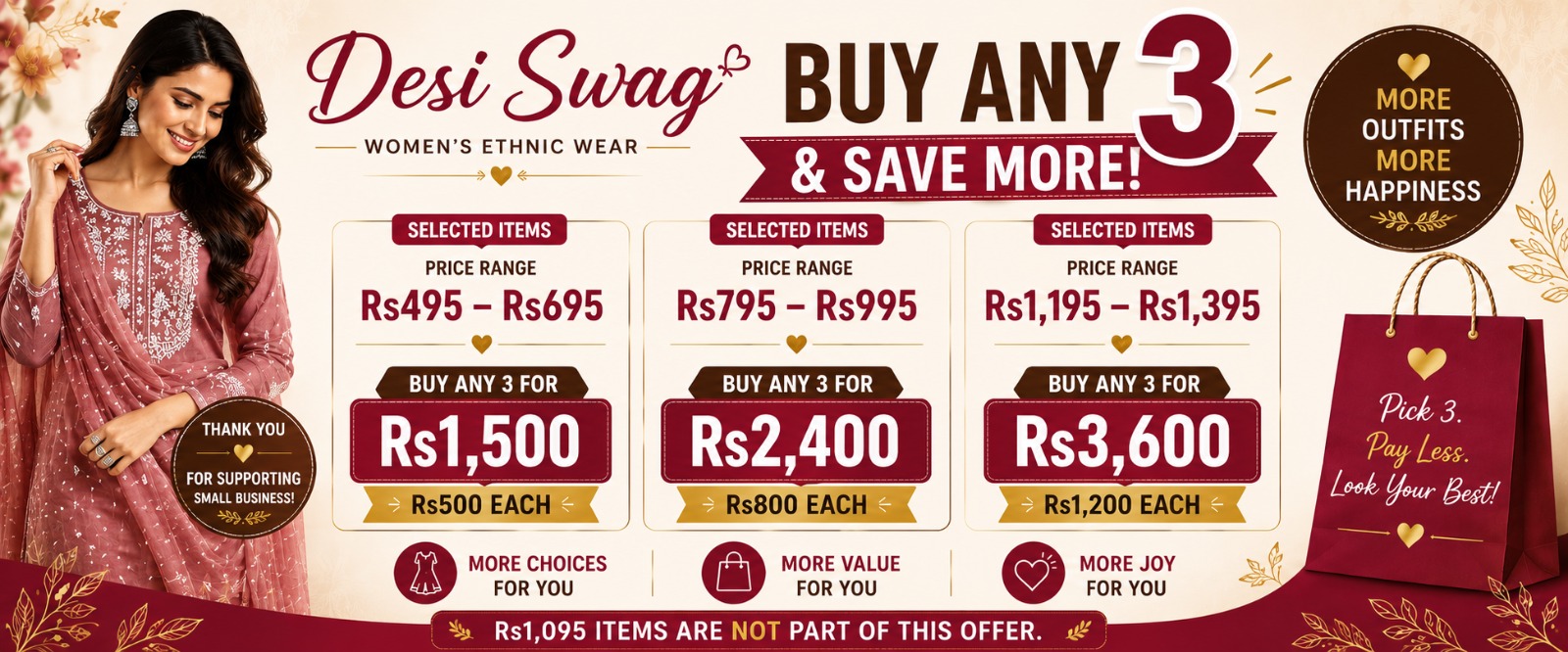 Desi Swag Mega Clearance - Selected items Rs495 to Rs695 - Buy any 3 for Rs1,500